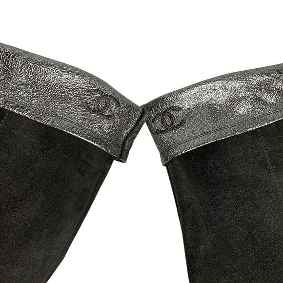Chanel Interlocking C Grey Suede Fold Over Metallic Thigh Knee High Boots EU 38 - Picture 6 of 11